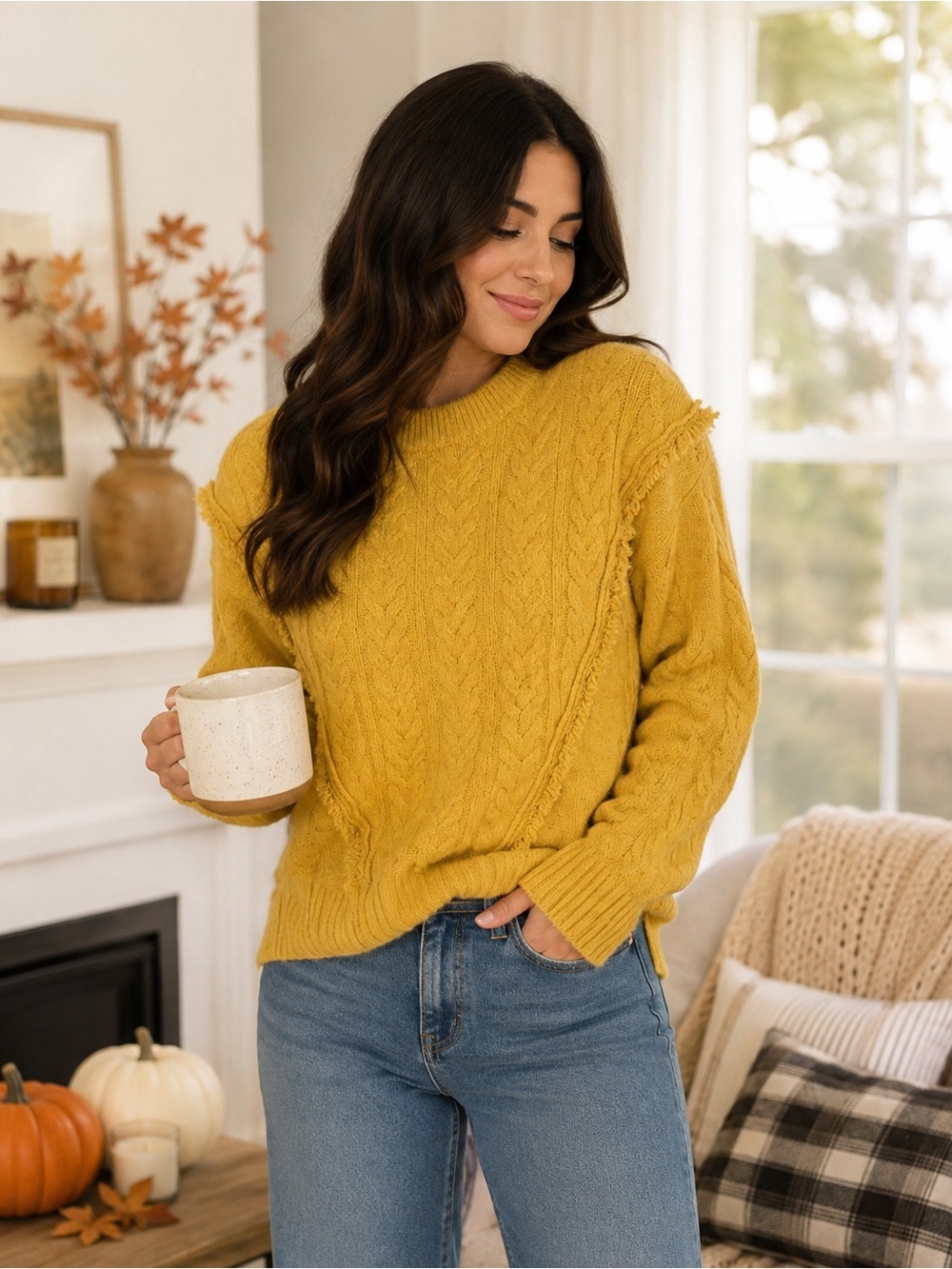 Design 365 Women's Cable Knit Long Sleeve Sweater Yellow Size L